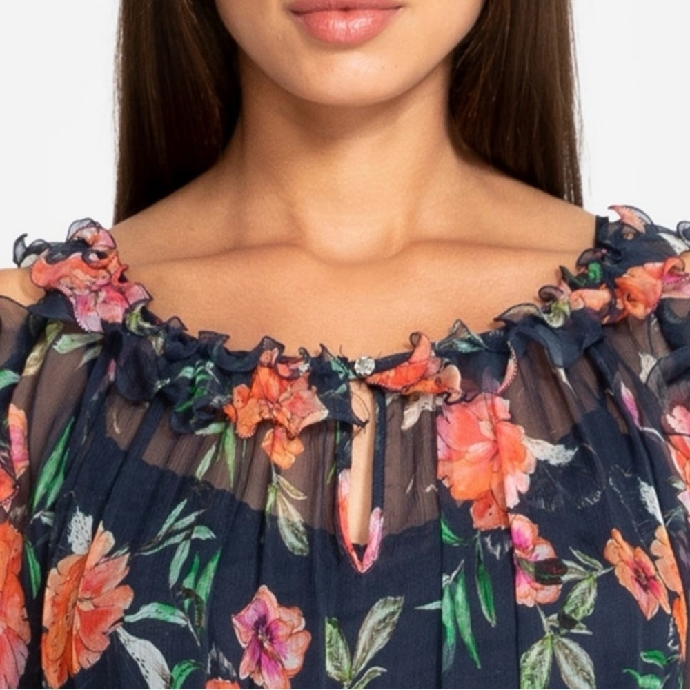 Johnny Was love Desi  100% Silk Top Sz M Floral Sheer Boho Ruffle Tunic peasant - Picture 3 of 11